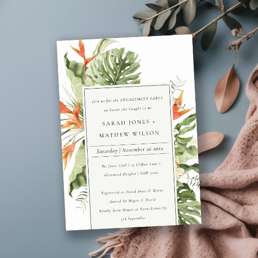 トロピカルオレンジグリーンリービボタニカル婚約 招待状