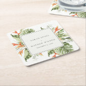 トロピカルオレンジグリーン葉植物学結婚院 スクエアペーパーコースター (アングル)