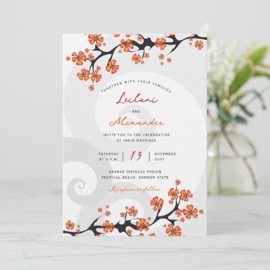 トロピカルオレンジハイビスカスフュージョングレイ結婚スワール 招待状 (スタンド正面)