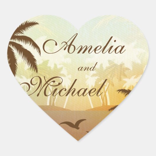 トロピカルオレンジ風光明媚なビーチ結婚式ステッカー ハートシール (正面)