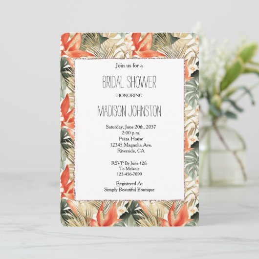 トロピカルオレンジ アンセリウム フラワー ブライダルシャワー 招待状 (スタンド正面)