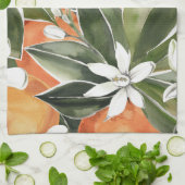 トロピカルオレンジ&フラワーウォーターカラーパターン キッチンタオル (折り畳み)