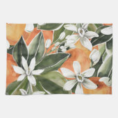 トロピカルオレンジ&フラワーウォーターカラーパターン キッチンタオル (横)