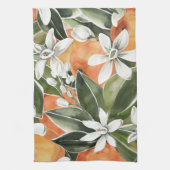 トロピカルオレンジ&フラワーウォーターカラーパターン キッチンタオル (縦)