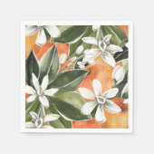 トロピカルオレンジ&フラワーウォーターカラーパターン スタンダードカクテルナプキン (正面)