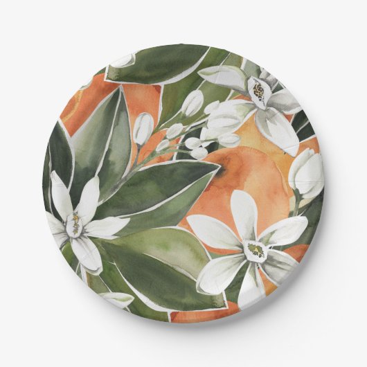 トロピカルオレンジ&フラワーウォーターカラーパターン ペーパープレート (正面)