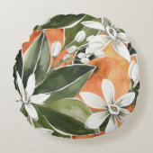 トロピカルオレンジ&フラワーウォーターカラーパターン ラウンドクッション (正面)
