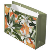 トロピカルオレンジ&フラワーウォーターカラーパターン ラージペーパーバッグ (正面アングル)