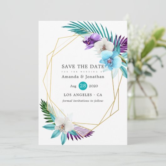 トロピカルオーキッドビーチウェディングジオメトリック セーブザデート (スタンド正面)