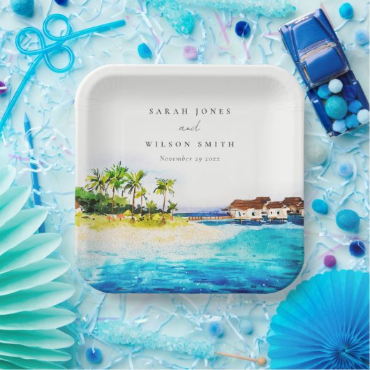 トロピカルオーバーウォーターヴィラシースケープビーチ結婚式 ペーパープレート (パーティー)