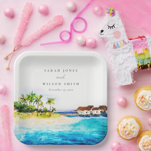 トロピカルオーバーウォーターヴィラシースケープビーチ結婚式 ペーパープレート (パーティー)