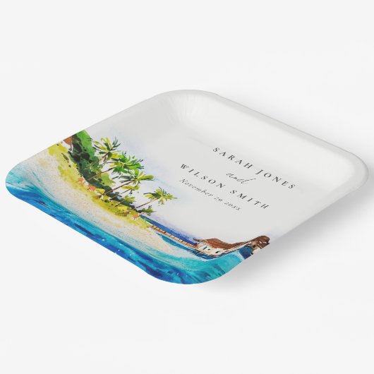 トロピカルオーバーウォーターヴィラシースケープビーチ結婚式 ペーパープレート (傾斜あり)