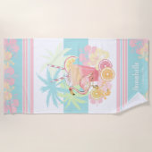 トロピカルカクテルとフラミンゴモノグラム名 ビーチタオル (正面)