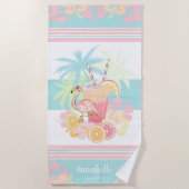 トロピカルカクテルとフラミンゴモノグラム名 ビーチタオル (正面)