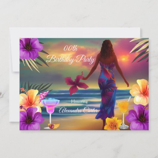 トロピカルカクテルパープルハイビスカスパームズ誕生日 招待状 (正面)