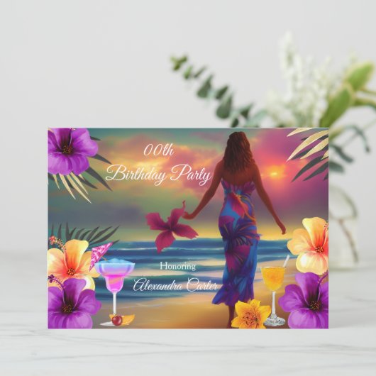 トロピカルカクテルパープルハイビスカスパームズ誕生日 招待状 (スタンド正面)