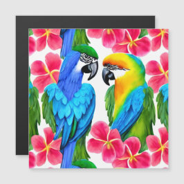 トロピカルカラフルな花を持つパロッツがピロを投げる