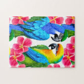 トロピカルカラフルな花を持つパロッツがピロを投げる ジグソーパズル (横)
