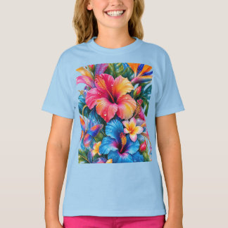 トロピカルカラフルハイビスカスフラワーパターンガールズT- Tシャツ