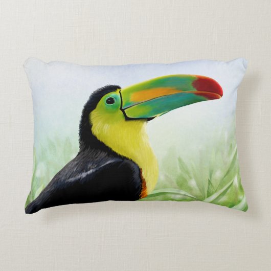 トロピカルカラフルバードブラックイエローグリーントゥーカン アクセントクッション (正面)