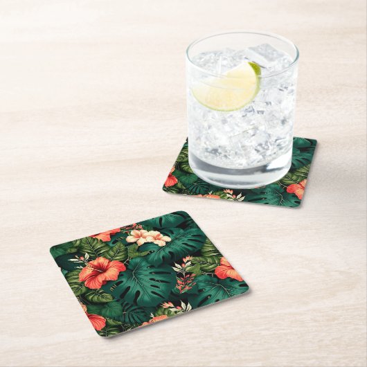 トロピカルカラフルパラダイスハワイアロハフラワーズ スクエアペーパーコースター (インサイチュ)