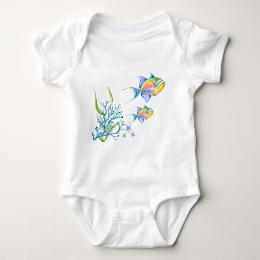 トロピカルカラフルフィッシュユニークアート ベビーボディスーツ (正面)