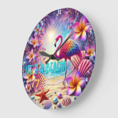 トロピカルカラフルフラミンゴサンセットビーチ ラージ壁時計 (傾斜)