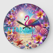 トロピカルカラフルフラミンゴサンセットビーチ ラージ壁時計 (正面)