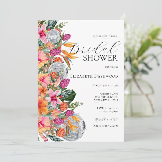 トロピカルカラフルフラワーディスコボールブライダルシャワー 招待状 (スタンド正面)