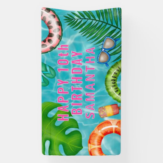 トロピカルカラフルプールパーティー誕生日 横断幕 (縦)