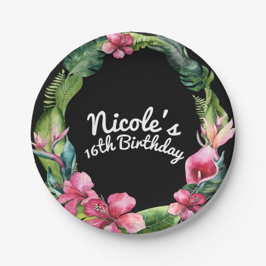 トロピカルガーデンフラワー葉&ルアウ（ハワイ式宴会）シックパーティー ペーパープレート (正面)