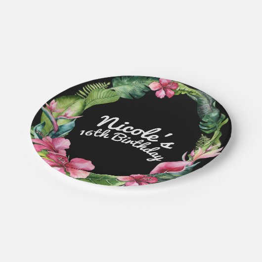 トロピカルガーデンフラワー葉&ルアウ（ハワイ式宴会）シックパーティー ペーパープレート (アングル)