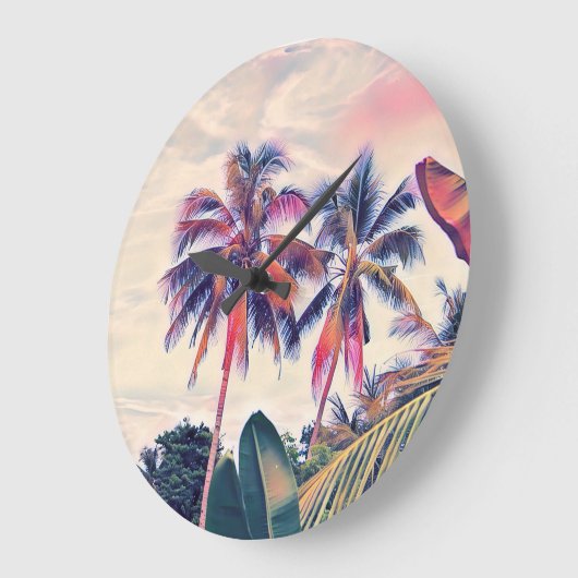 トロピカルガーデン、サンセットパームシーン。 ラージ壁時計 (傾斜)