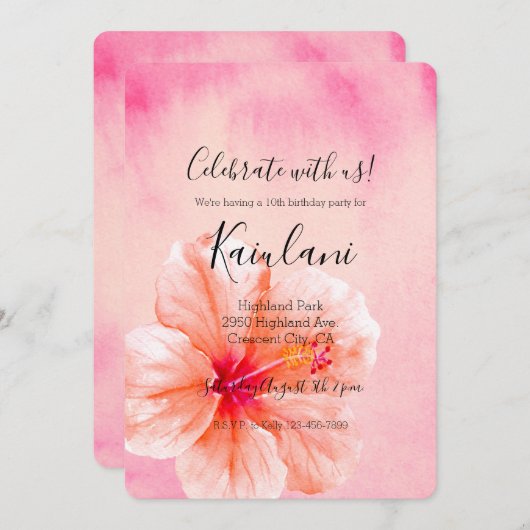 トロピカルガーリーピンクピーチハイビスカスフラワー 招待状 (正面/裏面)