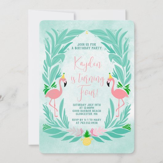 トロピカルガールズフラミンゴ – フラミングルバースデーパーティー 招待状 (正面)