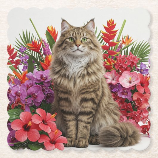 トロピカルキャット型の正方形コースターデザイン。 ペーパーコースター (正面)