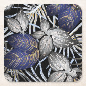 トロピカルクラスはブルー、シルバー、金ゴールドフローラ スクエアペーパーコースター (正面)