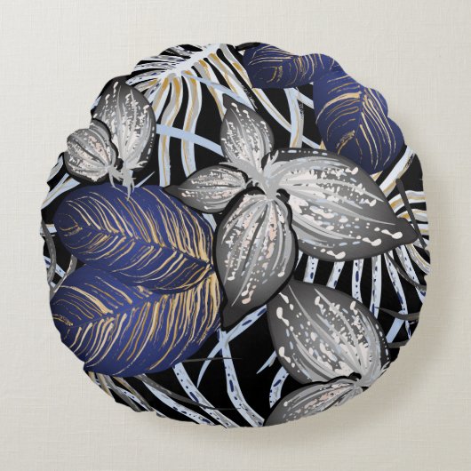 トロピカルクラスはブルー、シルバー、金ゴールドフローラ ラウンドクッション (正面)