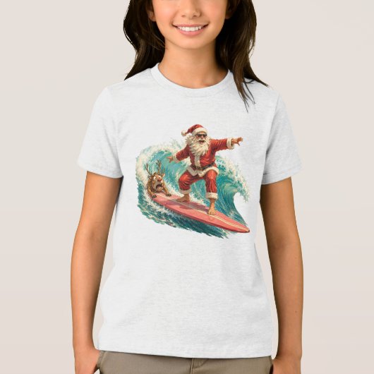 トロピカルクリスマスの波に乗るサンタ トライブレンドTシャツ (正面)
