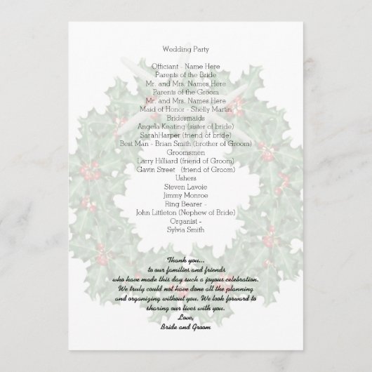 トロピカルクリスマスウェディングプログラム スターフィッシュ ホリー プログラム (裏面)