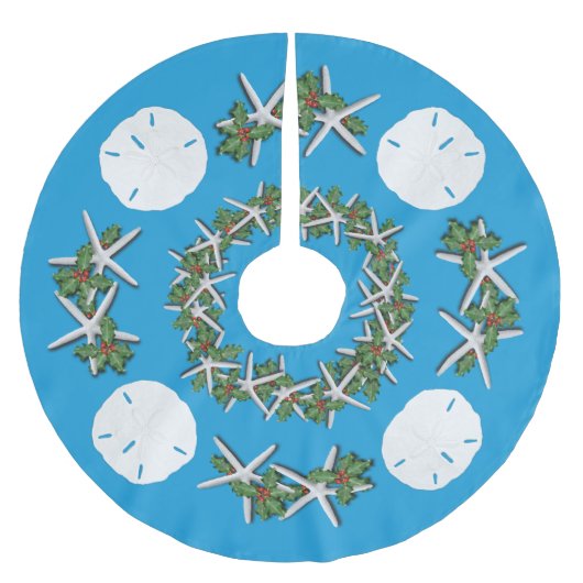 トロピカルクリスマスサンドドルスターフィッシュティール(緑がかった色) ブラッシュドポリエステルツリースカート (正面)