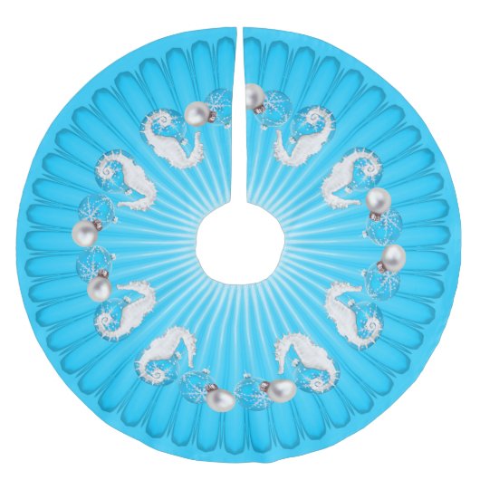 トロピカルクリスマスツリースカートアクアブルーシーホース ブラッシュドポリエステルツリースカート (正面)