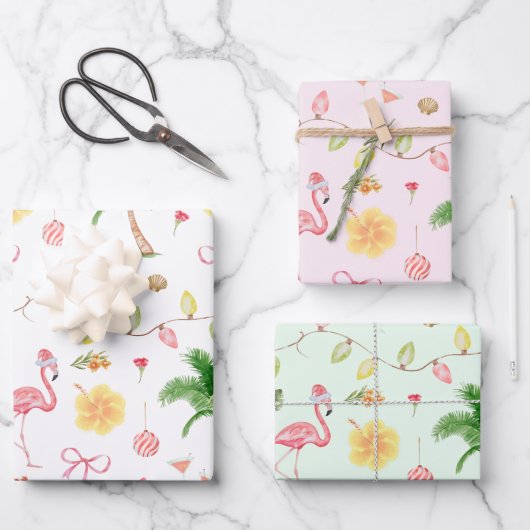 トロピカルクリスマスハワイビーチサンタフラミンゴ ラッピングペーパーシート (正面)