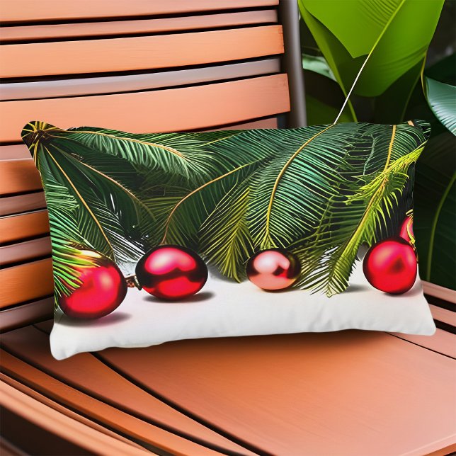 トロピカルクリスマスパームツリーズオーナメントレッドグリーン アウトドアクッション (Tropical Christmas Pillow)
