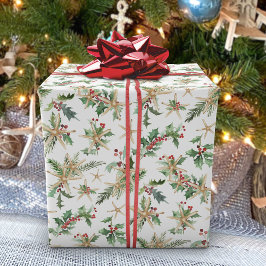 トロピカルクリスマスビーチヒトデとホリー ラッピングペーパー