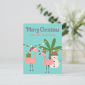 トロピカルクリスマスピンクフラミンゴスオンティール（緑がかった色） ポストカード (スタンド正面)