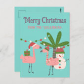 トロピカルクリスマスピンクフラミンゴスオンティール（緑がかった色） ポストカード (正面/裏面)