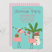 トロピカルクリスマスピンクフラミンゴスオンティール（緑がかった色） 招待状 (正面/裏面)