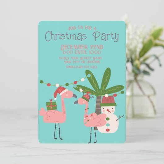 トロピカルクリスマスピンクフラミンゴスオンティール（緑がかった色） 招待状 (スタンド正面)