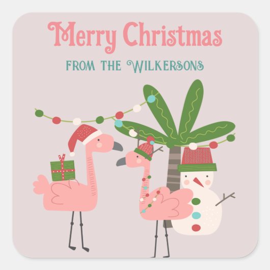 トロピカルクリスマスピンクフラミンゴスオン赤面 スクエアシール (正面)